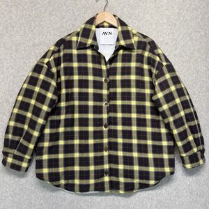 AVN Womens Plaid Overshirt Jacket Yellow Black Button Front Shacket M
